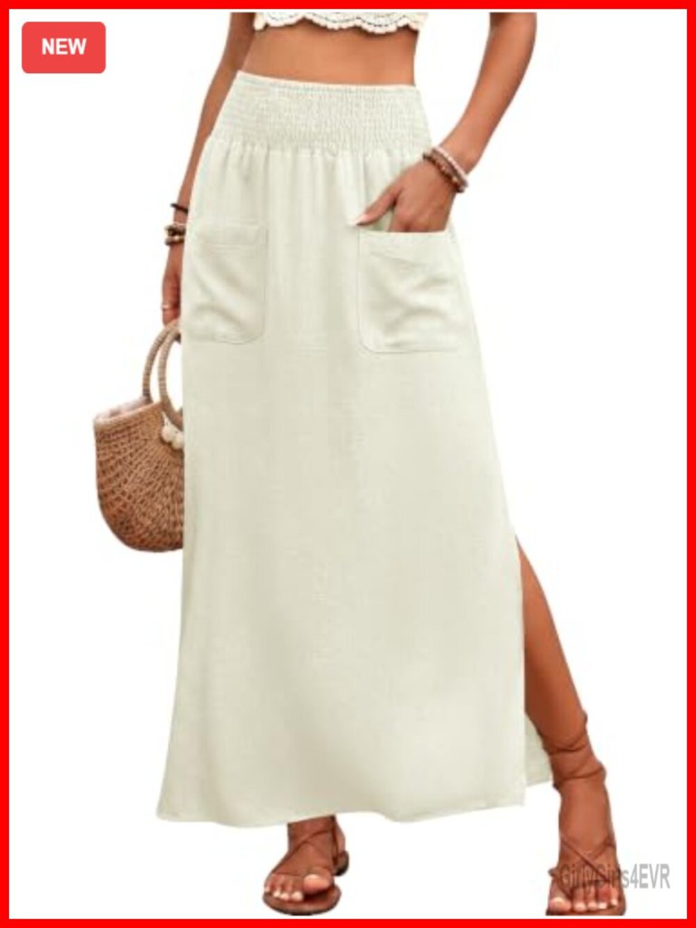 Linen Maxi Skirt Flowy High Waist Side Slit Pockets Summer Beach